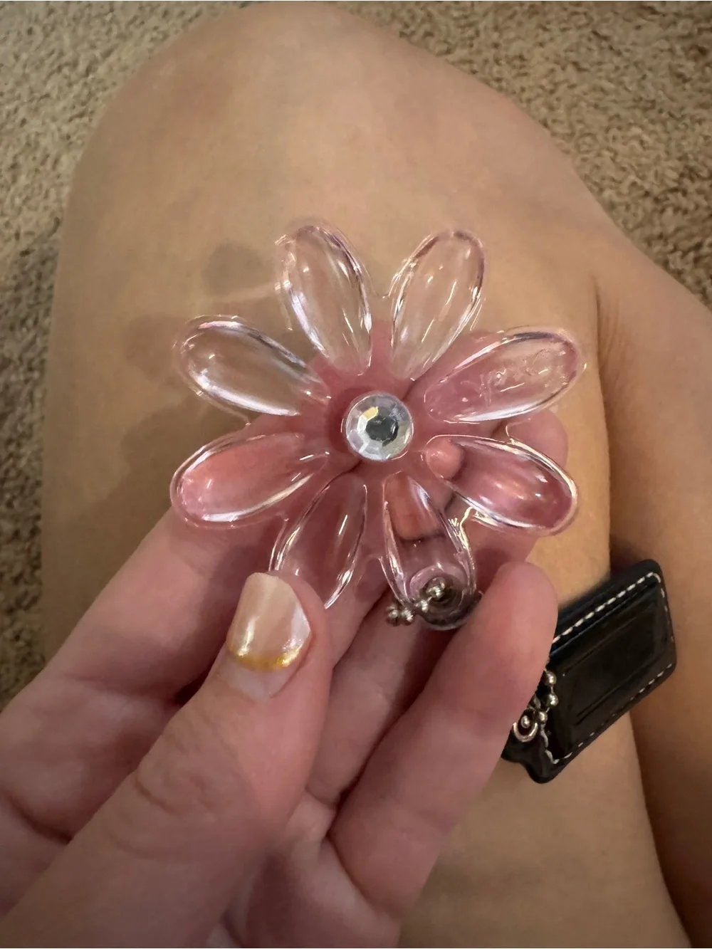 Coach Pink Acrylic Flower Keychain with Leather Tag